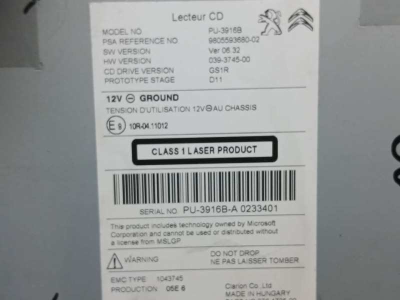 Recambio de sistema audio / radio cd para peugeot 308 style referencia OEM IAM 9805593680 PU3916B 
