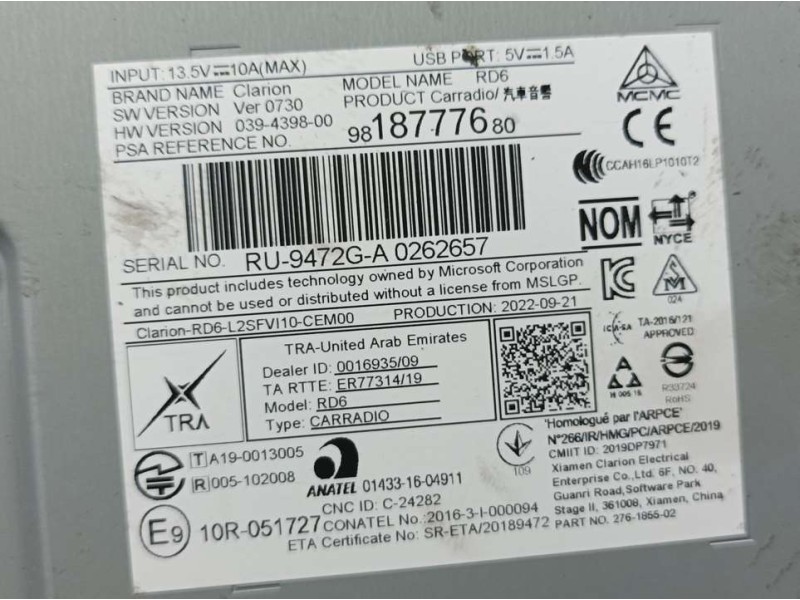 Recambio de sistema audio / radio para toyota proace furgon referencia OEM IAM 9818777680 RU9472G 