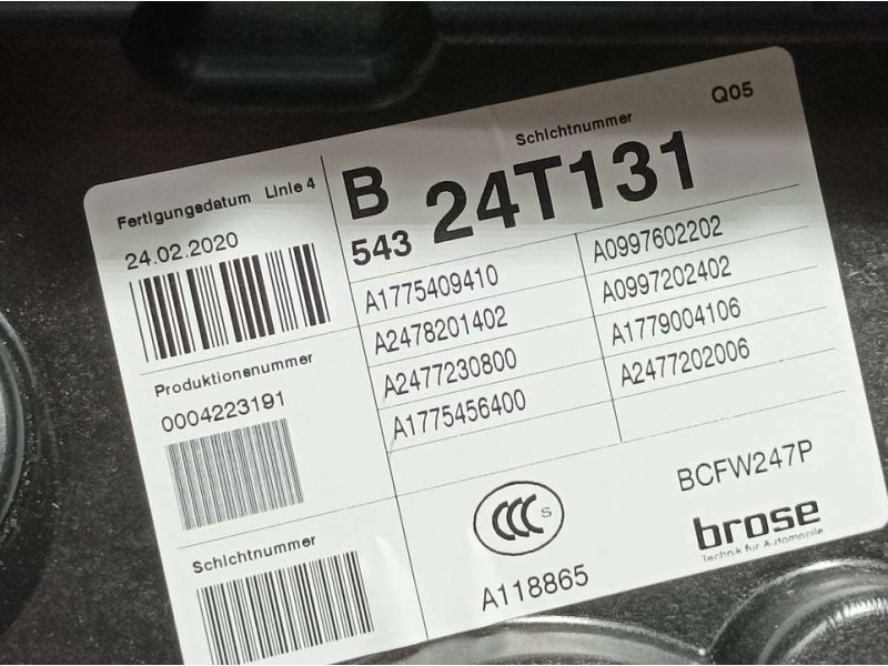 Recambio de elevalunas delantero derecho para mercedes-benz clase b (247) b180 referencia OEM IAM A2477202006 4223191 ELECTRICO 
