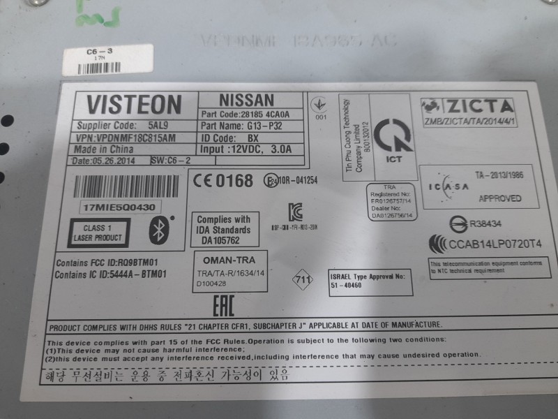Recambio de sistema audio / radio cd para nissan qashqai ii (j11, j11_) 1.2 dig-t referencia OEM IAM 281854CA0A 5AL9 VISTEON