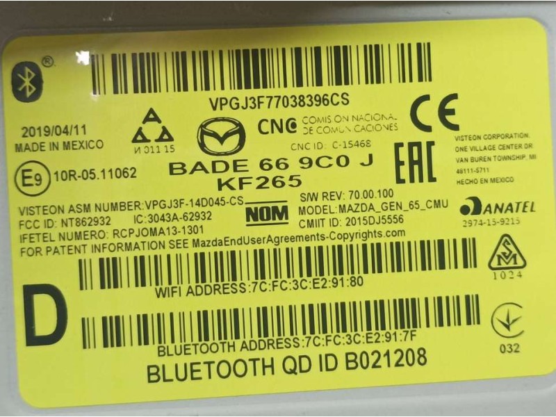 Recambio de modulo bluetooth para mazda 2 lim. () evolution referencia OEM IAM 3043A62932 VPGJ3F14D045CS VISTEON