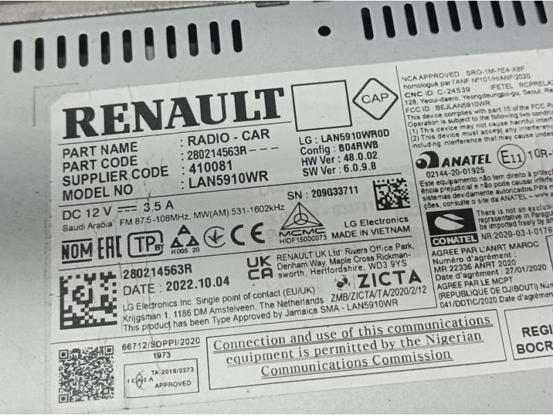 Recambio de sistema navegacion gps para dacia sandero 1.0 tce 90 referencia OEM IAM 280214563R LAN5910WR LG ELECTRONICS