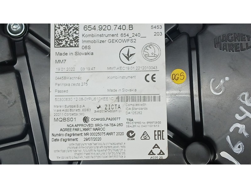 Recambio de cuadro instrumentos para skoda kamiq (nw4) 1.0 tsi referencia OEM IAM 654920740B MAGNETI MARELLI 5030063012080