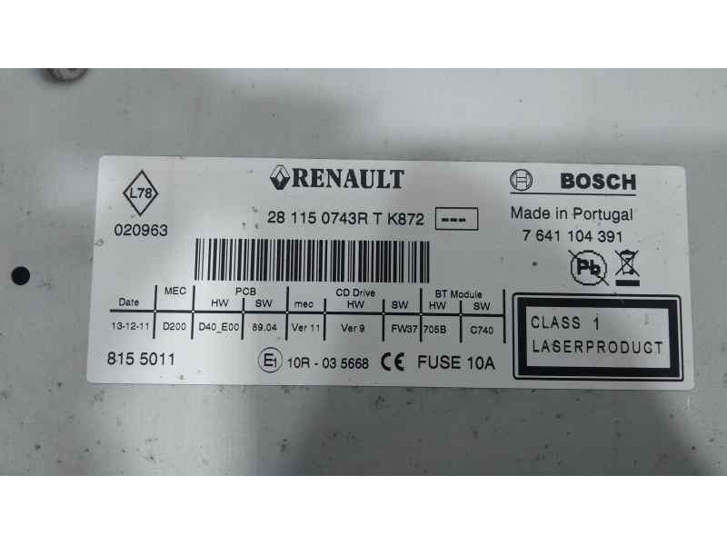 Recambio de sistema audio / radio cd para renault megane iii coupe color edition referencia OEM IAM 281150743R  BOSCH