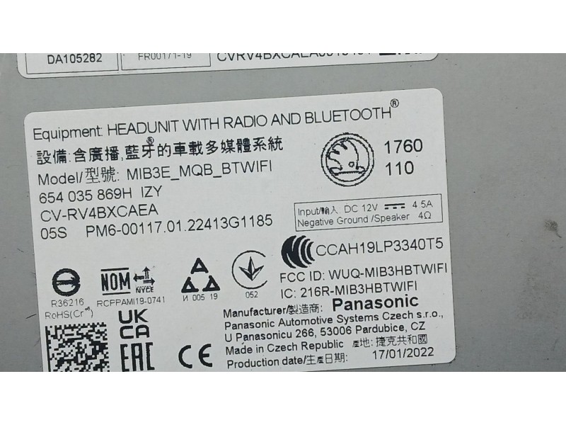 Recambio de sistema navegacion gps para skoda kamiq (nw4) 1.0 tsi referencia OEM IAM 654035869D PANASONIC CVRV4BXCAEA