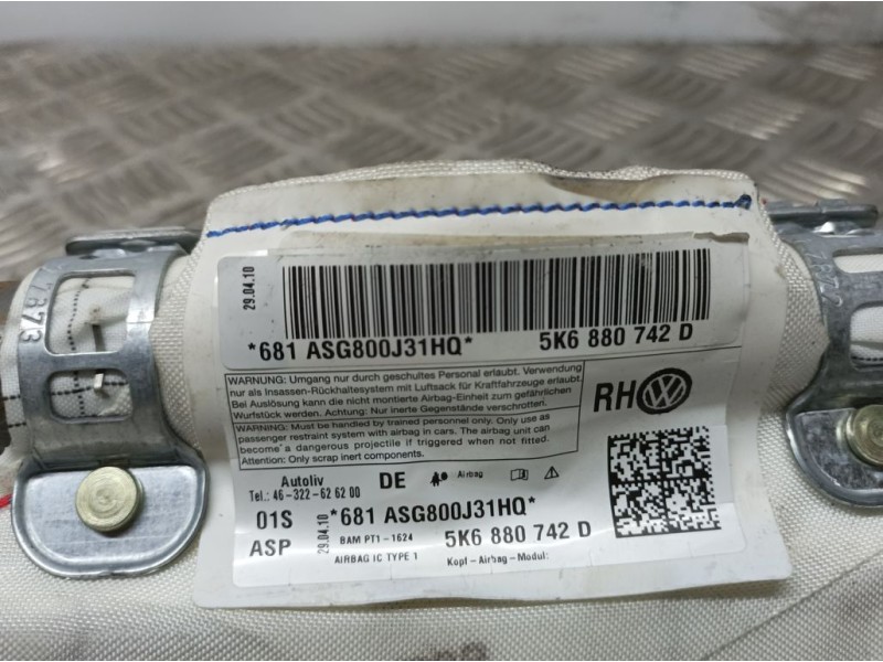 Recambio de airbag cortina delantero derecho para volkswagen golf vi (5k1) rabbit bluemotion referencia OEM IAM 5K6880742D 681AS