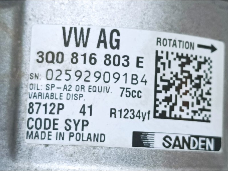 Recambio de compresor aire acondicionado para skoda scala (nw) active referencia OEM IAM 3Q0816803E 8712P SANDEN