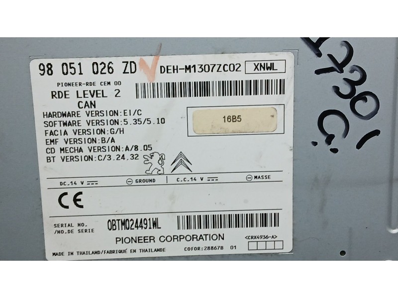 Recambio de sistema audio / radio cd para peugeot 208 i (ca_, cc_) 1.4 hdi referencia OEM IAM 98051026ZD PIONEER 