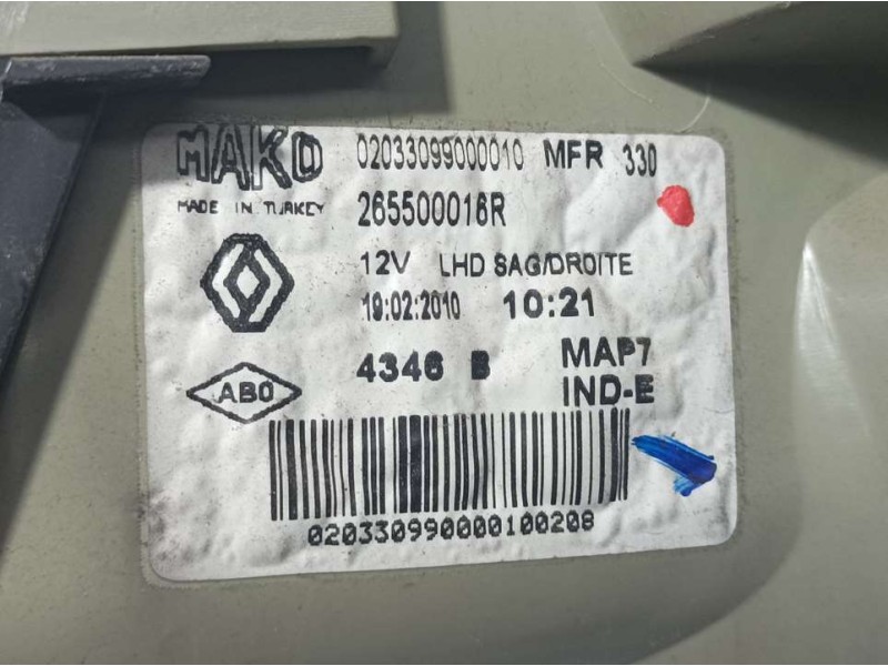 Recambio de piloto trasero derecho para renault fluence expression referencia OEM IAM 265500016R  EXTERIOR