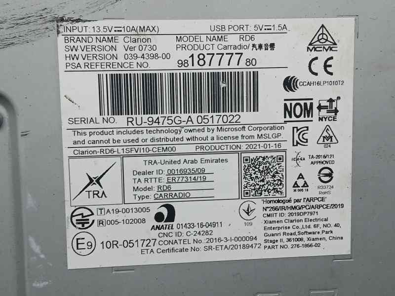 Recambio de sistema audio / radio para citroën jumpy furgon control m referencia OEM IAM 9818777780 RU9475G CLARION