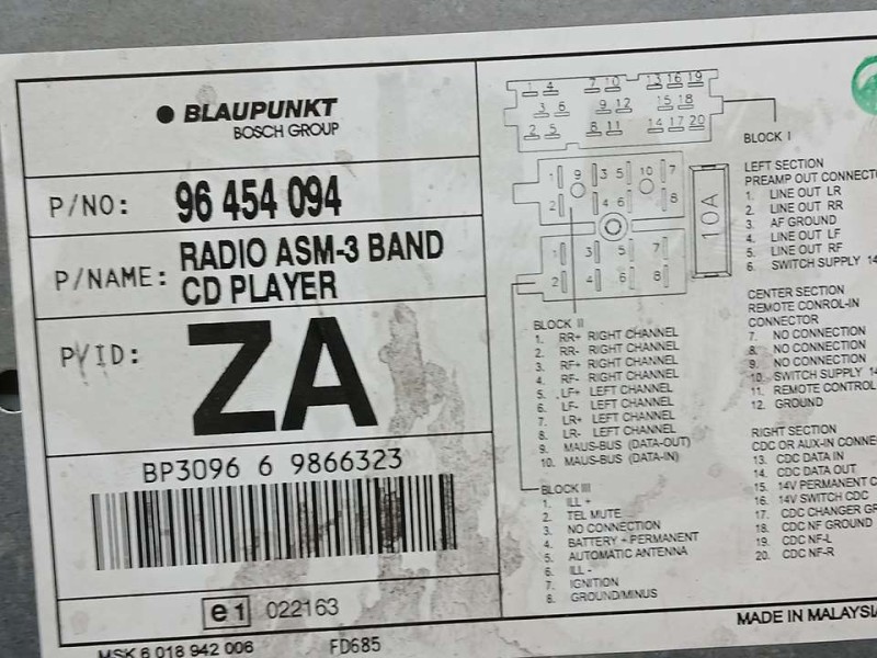 Recambio de sistema audio / radio cd para chevrolet matiz s referencia OEM IAM 96454094  BLAUPUNKT