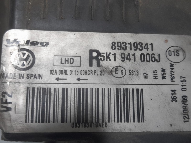 Recambio de faro derecho para volkswagen golf vi (5k1) 1.6 tdi referencia OEM IAM 5K1941006J 89319341 VALEO