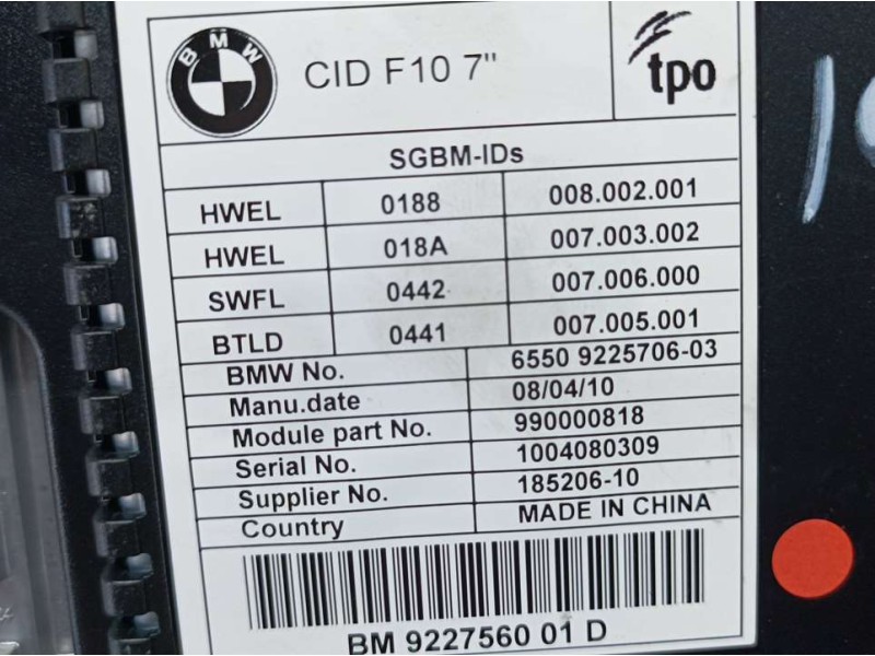 Recambio de sistema navegacion gps para bmw serie 5 lim. (f10) 523i referencia OEM IAM 922570603 990000818 