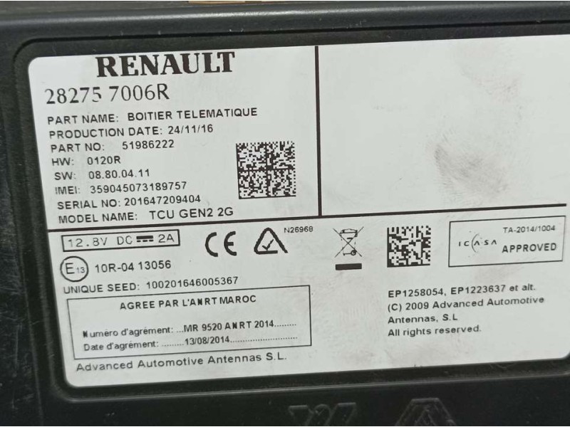 Recambio de modulo electronico para renault kadjar experience referencia OEM IAM 282757006R 51986222 