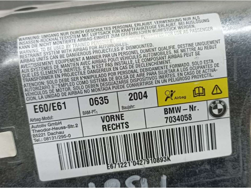 Recambio de airbag lateral delantero derecho para bmw serie 5 berlina (e60) 520i referencia OEM IAM 7034058 601190500C AUTOLIV