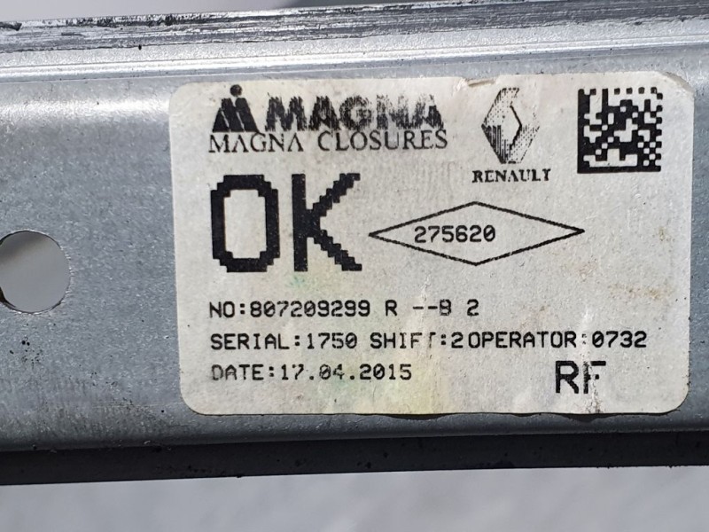 Recambio de elevalunas delantero derecho para dacia sandero sl audacia referencia OEM IAM 807209299R 275620 MAGMA ELECTRICO 2 PI