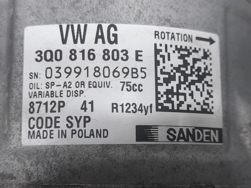 Recambio de compresor aire acondicionado para seat arona style edition referencia OEM IAM 3Q0816803E 8712P SANDEN