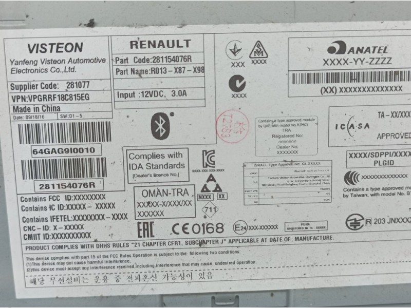 Recambio de sistema audio / radio para renault clio iv societé referencia OEM IAM 281154076R 281077 VISTEON