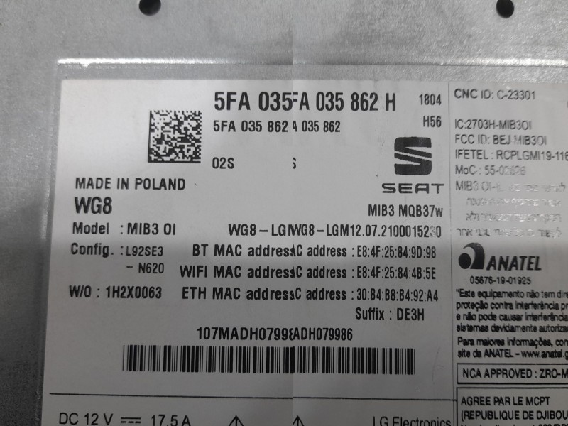 Recambio de sistema audio / radio para cupra formentor basis referencia OEM IAM 5FA035862H 056761901925 ANATEL