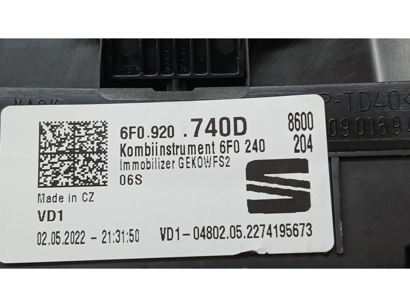 Recambio de cuadro instrumentos para seat ibiza v (kj1, kjg) 1.0 tsi referencia OEM IAM 6F0920740D CONTINENTAL VDO A3C09478301