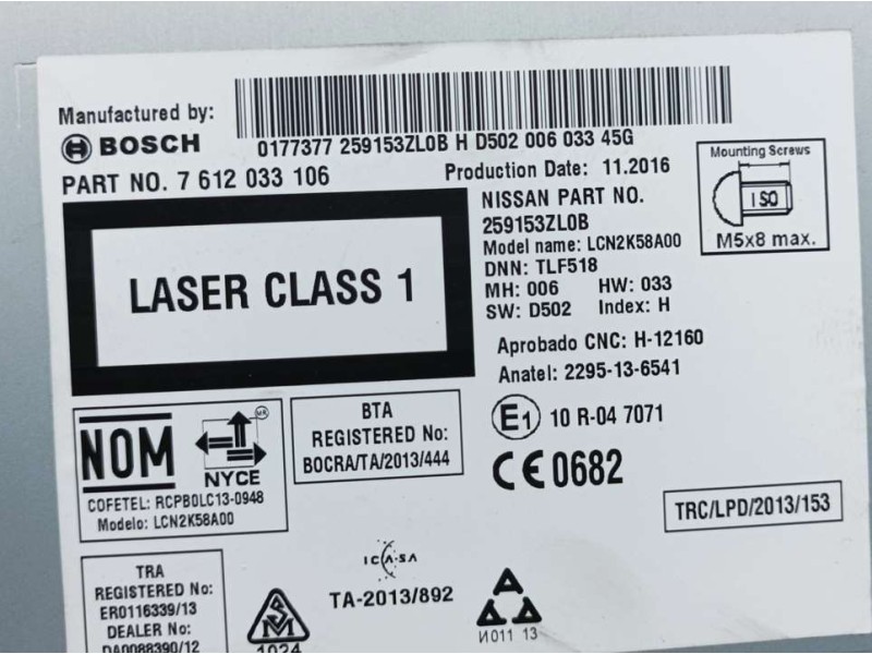 Recambio de sistema navegacion gps para nissan pulsar (c13) acenta referencia OEM IAM 259153ZL0B 7612033106 BOSCH