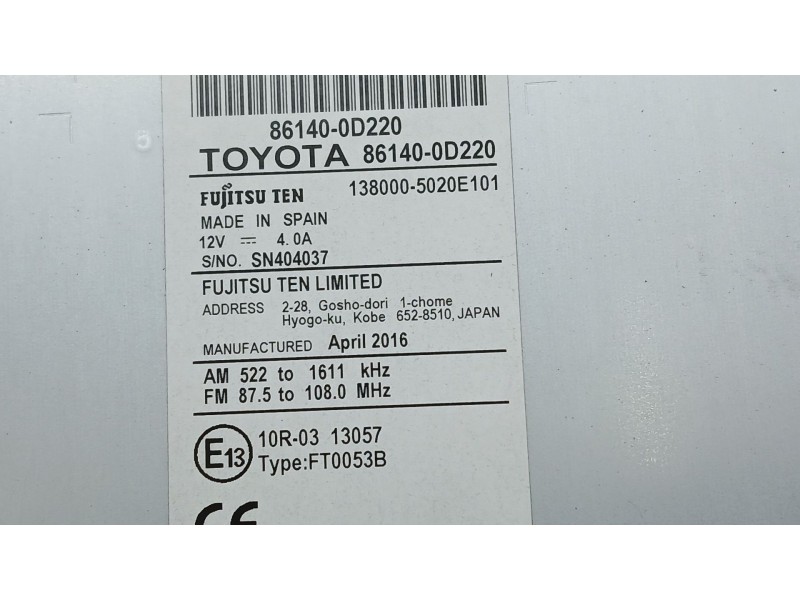 Recambio de sistema navegacion gps para toyota yaris (_p13_) 1.5 hybrid (nhp130_) referencia OEM IAM 861400D220 FUJITSU 861400D2