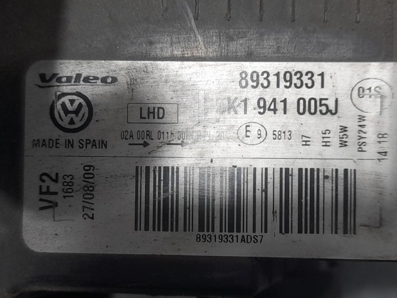 Recambio de faro izquierdo para volkswagen golf vi (5k1) 1.6 tdi referencia OEM IAM 5K1941005J 89319331 VALEO