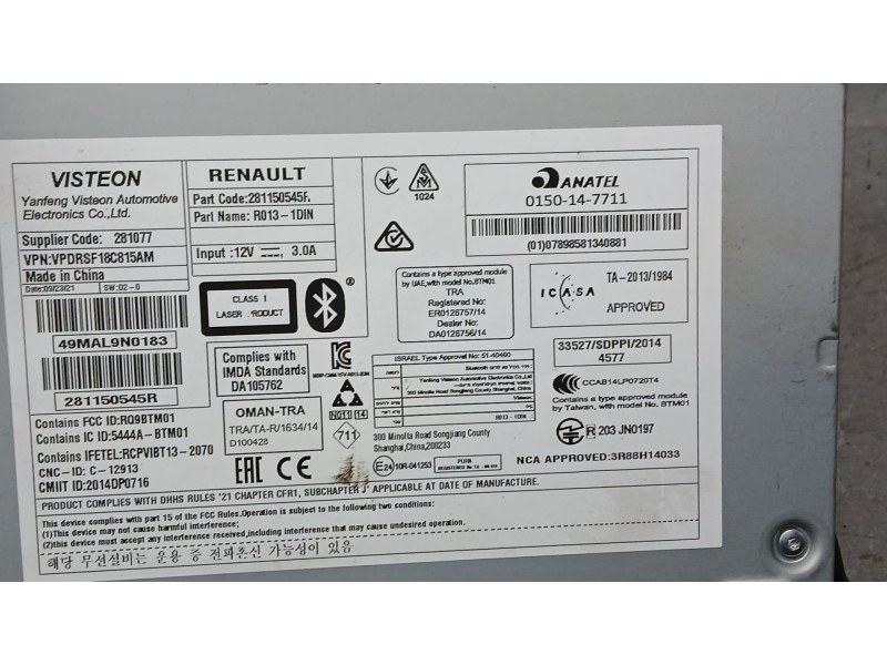 Recambio de sistema audio / radio cd para nissan nv250 furgoneta (x61) dci 80 referencia OEM IAM 281150545R VISTEON 281077