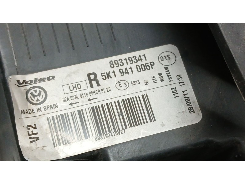 Recambio de faro derecho para volkswagen golf vi (5k1) 1.6 tdi referencia OEM IAM 5K1941006P VALEO 89319341