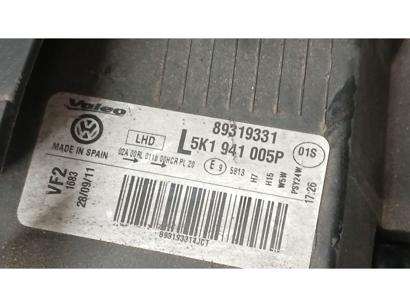 Recambio de faro izquierdo para volkswagen golf vi (5k1) 1.6 tdi referencia OEM IAM 5K1941005P VALEO 89319331