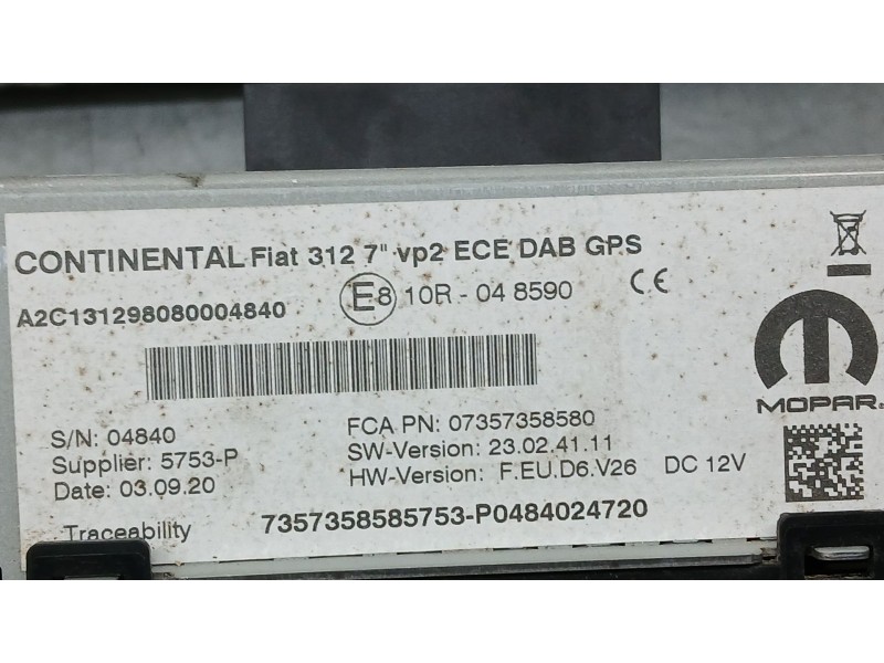 Recambio de sistema navegacion gps para fiat 500 (312_) 1.0 mild hybrid (312.ayd1b) referencia OEM IAM 73570358580 CONTINENTAL A