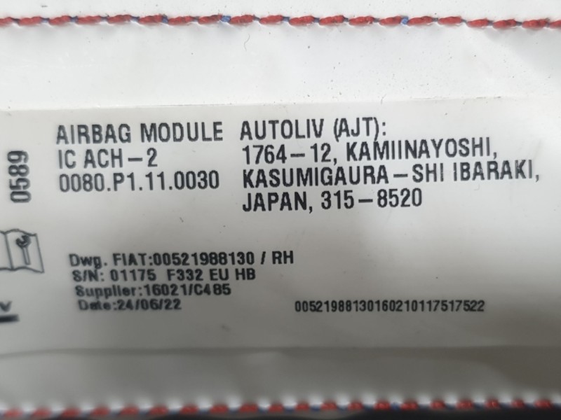 Recambio de airbag cortina delantero derecho para fiat 500 e icon referencia OEM IAM 00521988130  
