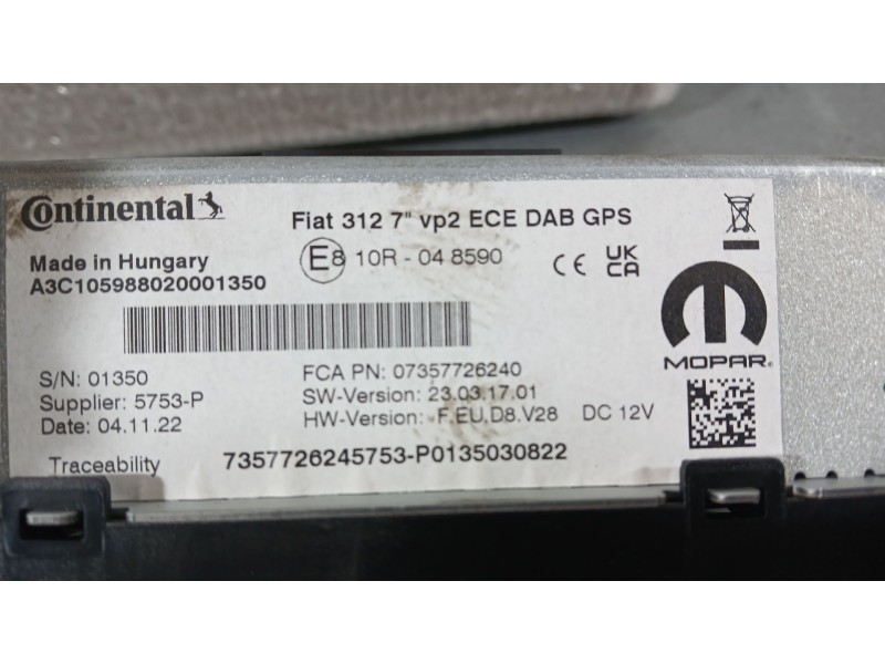 Recambio de sistema navegacion gps para fiat 500 (312_) 1.0 mild hybrid (312.ayd1b) referencia OEM IAM 7357726240 CONTINENTAL A3