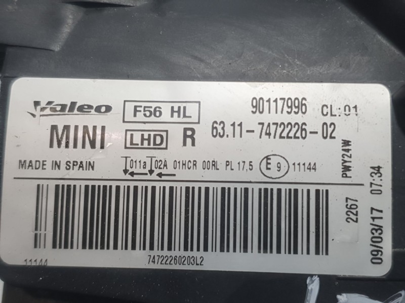 Recambio de faro derecho para mini mini (f56) cooper s referencia OEM IAM 7472226 90117996 VALEO