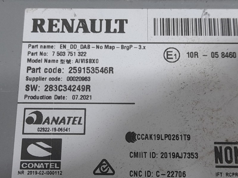 Recambio de sistema audio / radio para renault clio v business edition referencia OEM IAM 283C34249R 259153546R ANATEL