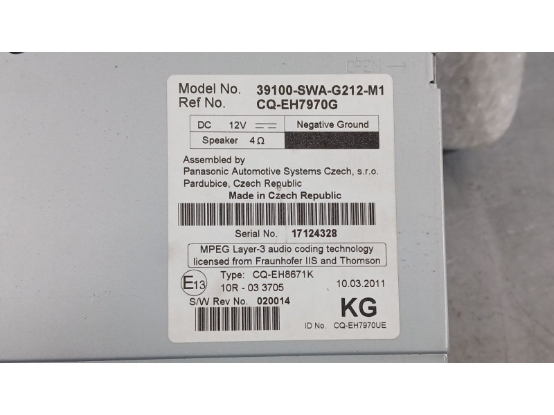 Recambio de sistema audio / radio cd para honda cr-v iii (re_) 2.0 i-vtec 4wd (re5, re2) referencia OEM IAM 39100SWAG212M1 PANAS