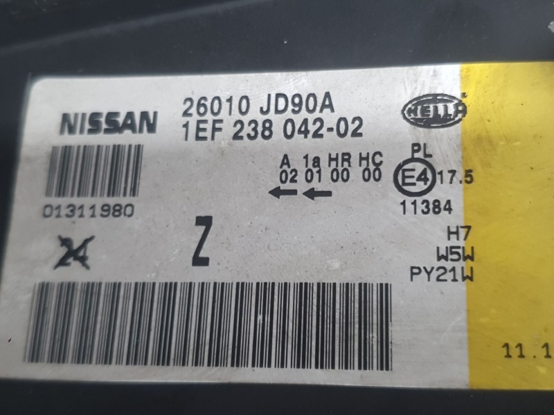 Recambio de faro derecho para nissan qashqai i (j10, nj10) 2.0 dci a las 4 ruedas referencia OEM IAM 26010JD90A 1EF238042 HELLA