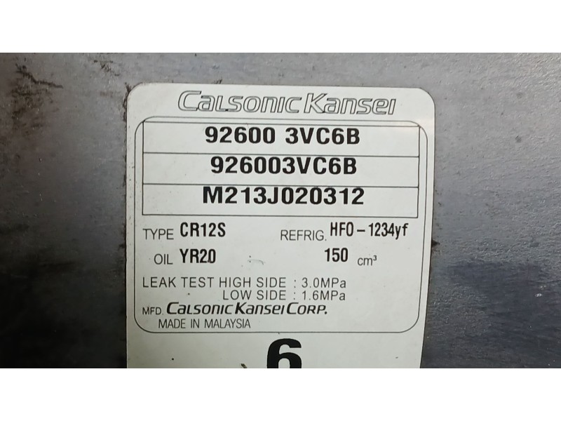 Recambio de compresor aire acondicionado para nissan note (e12) 1.5 dci referencia OEM IAM 926003VC6B CALSONIC KANSEI CR12S