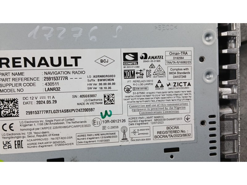 Recambio de sistema audio / radio para renault captur ii (hf_) 1.0 tce 90 eco-g (hfm6) referencia OEM IAM 259153777R LG ASRN8GRG