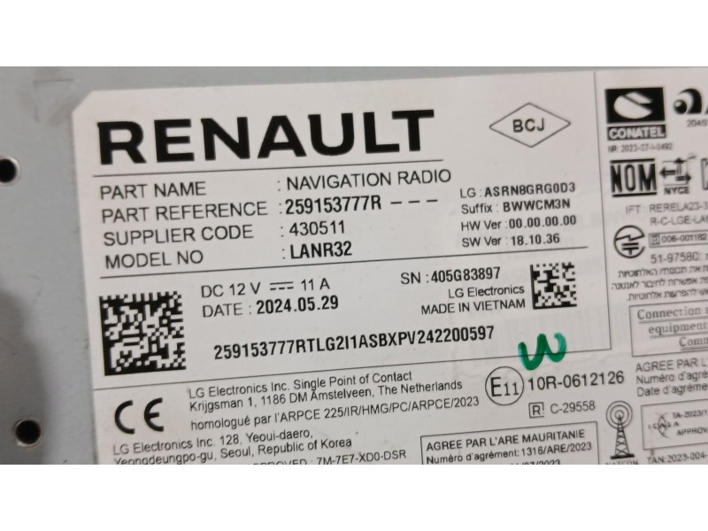 Recambio de sistema audio / radio para renault captur ii (hf_) 1.0 tce 90 eco-g (hfm6) referencia OEM IAM 259153777R LG ASRN8GRG