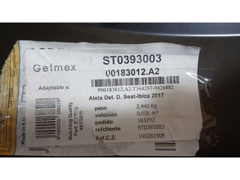 Recambio de aleta delantera derecha para seat ibiza v (kj1, kjg) 1.0 tsi referencia OEM IAM ST0393003  