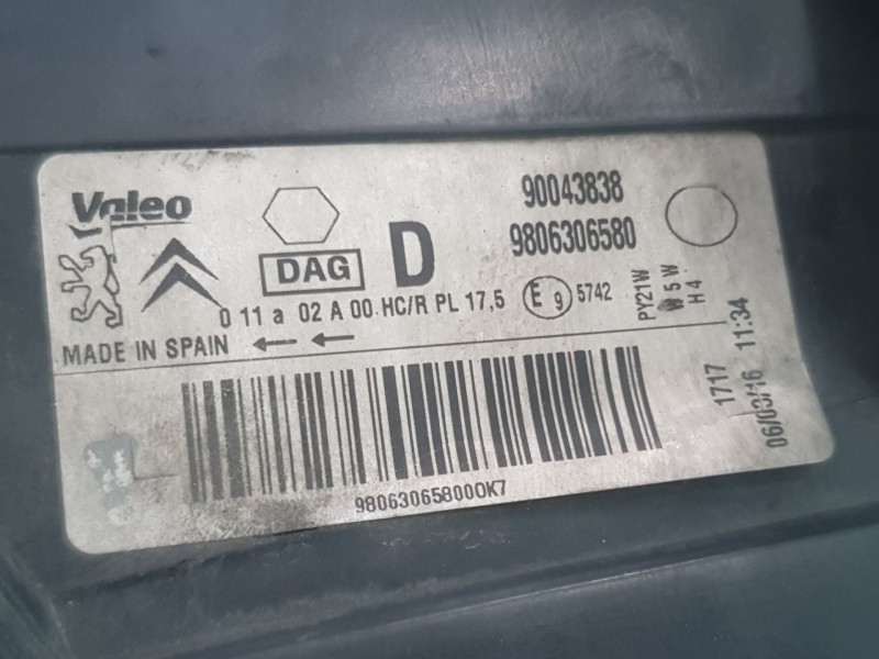Recambio de faro derecho para citroën berlingo multispace (b9) 1.6 bluehdi 100 referencia OEM IAM 9806306580 90043838 VALEO