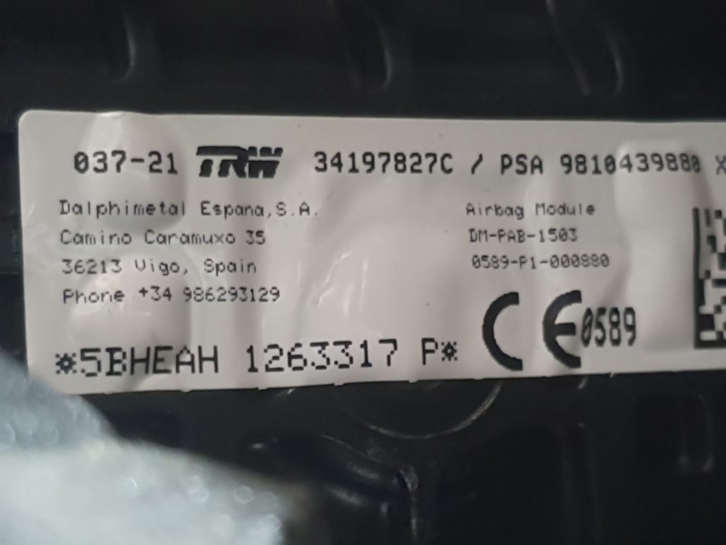 Recambio de kit airbag para peugeot 3008 allure pack referencia OEM IAM 98230181ZD  C/ SALPICADERO Y PRETENSOR DERECHO