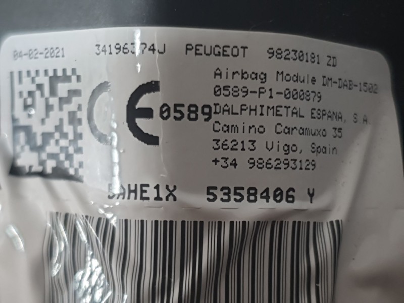 Recambio de kit airbag para peugeot 3008 allure pack referencia OEM IAM 98230181ZD  C/ SALPICADERO Y PRETENSOR DERECHO