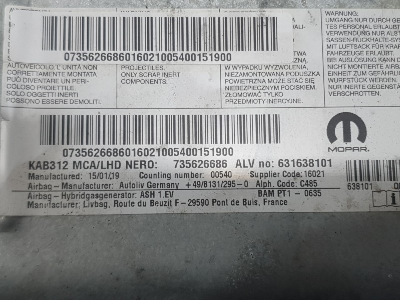 Recambio de kit airbag para fiat 500 (312_) 1.2 lpg (312axa1a) referencia OEM IAM 735763509 C/SALPICADERO 735763509 CONDUCTOR 52
