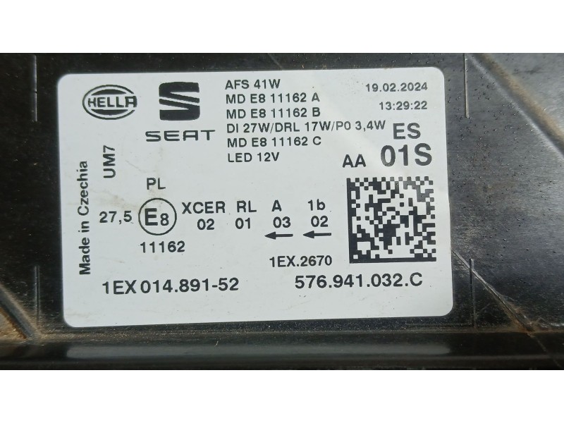 Recambio de faro derecho para seat ateca fr (kh7, khp) 2.0 tdi referencia OEM IAM 1EX01489152 HELLA 576941032C