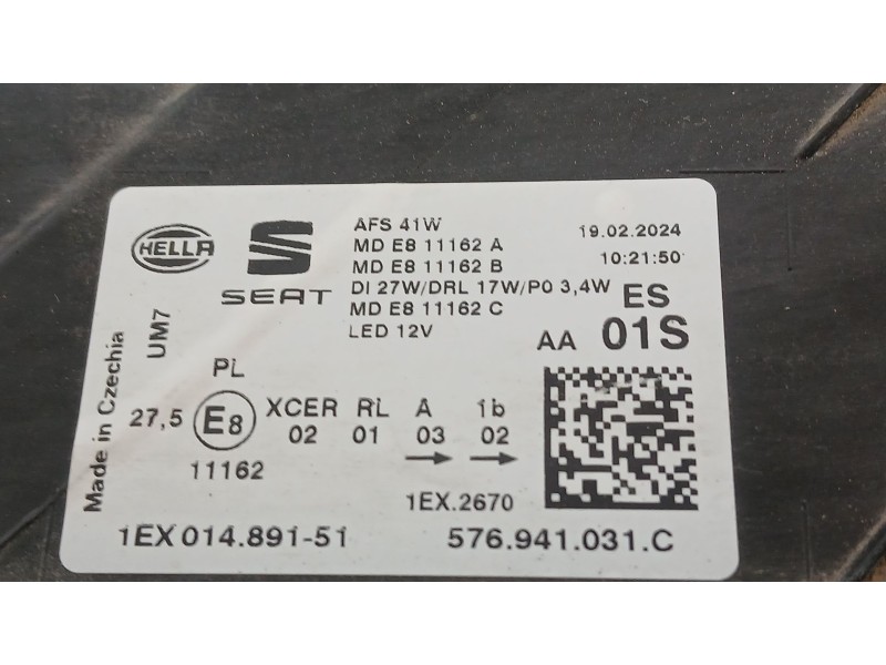 Recambio de faro izquierdo para seat ateca fr (kh7, khp) 2.0 tdi referencia OEM IAM 1EX01489151 HELLA 576941031C