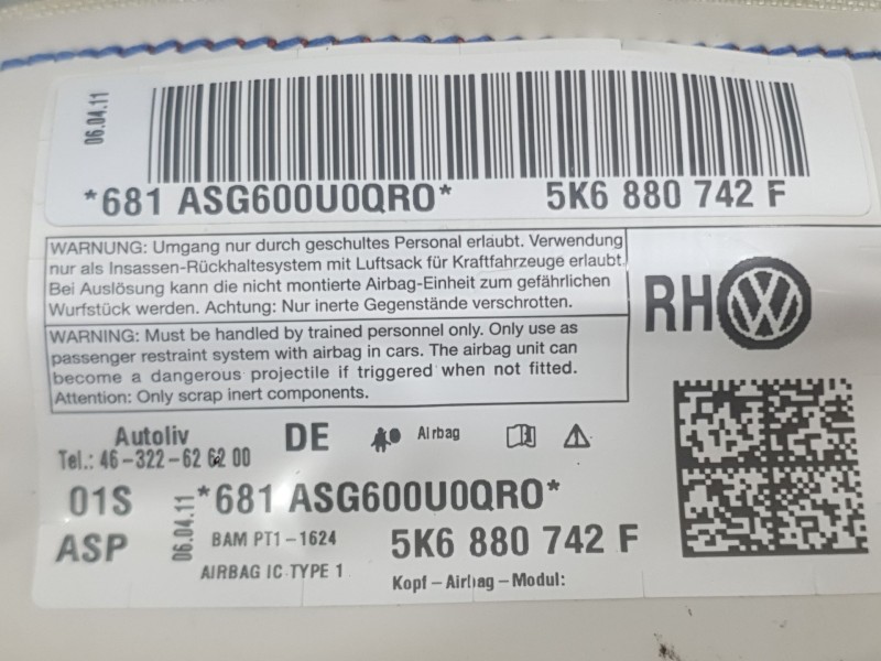 Recambio de airbag cortina delantero derecho para volkswagen golf vi (5k1) 1.6 tdi referencia OEM IAM 5K6880742F  