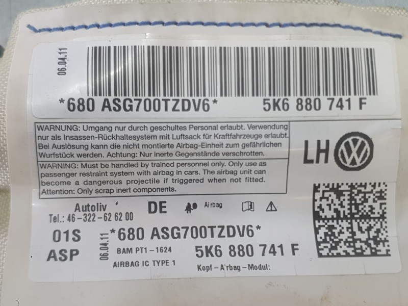 Recambio de airbag cortina delantero izquierdo para volkswagen golf vi (5k1) 1.6 tdi referencia OEM IAM 5K6880741F  