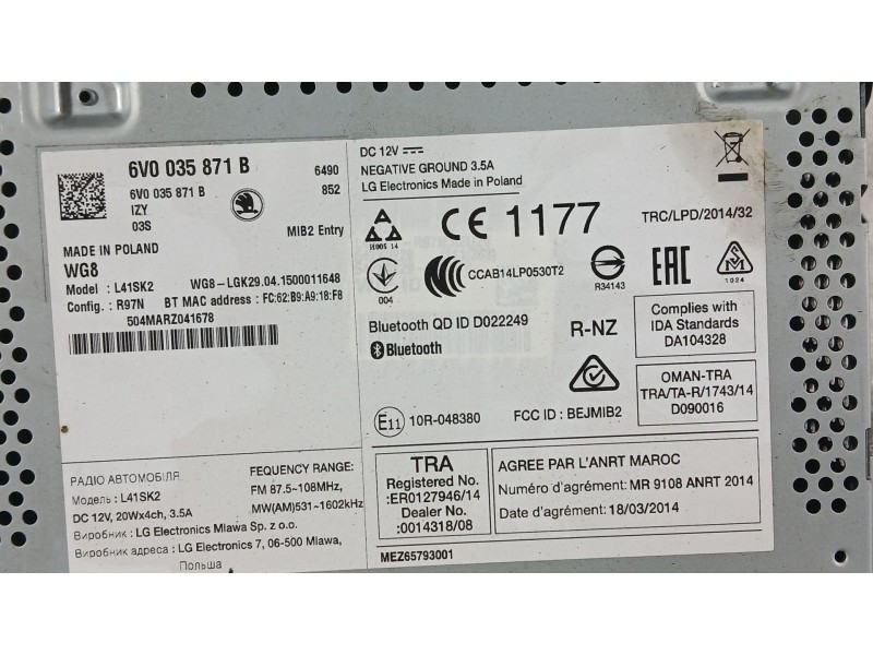 Recambio de sistema audio / radio cd para skoda fabia iii (nj3) 1.4 tdi referencia OEM IAM   